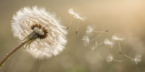 Dandelion seed head, seeds flying in wind, beige blurred background, nature , flower