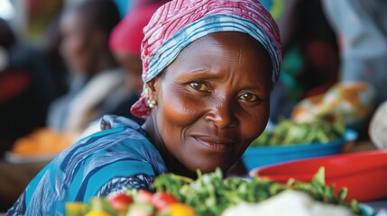 A dedicated vendor presents a colorful array of fresh vegetables and fruits at an active market, engaging with customers and creating a lively atmosphere