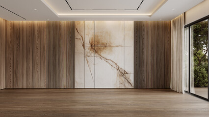 Contemporary empty interior with wood wall panels, blank wall, backlight, parquet floor. 3d render...