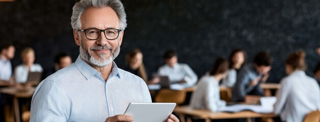 Man stands with a tablet in hand, smiling at the camera as a team works together at a table in the background