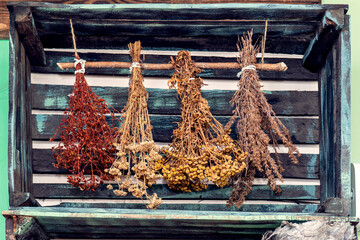 Dried herbs hanging from wooden racks in a rustic setting, showcasing vibrant colors and natural...