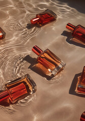 Naklejka premium Elegant Floating Perfume Bottles In Water, Natural colours, Light Play, Product Photography 