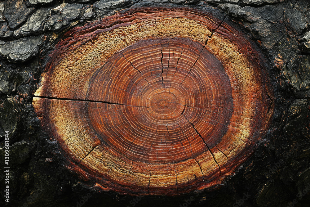 Poster close-up of a tree's cross-section, showcasing intricate growth rings and textures.
