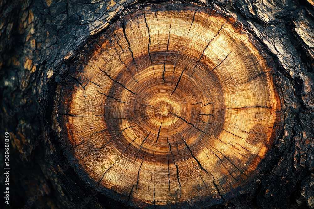 Poster close-up of a tree stump's cross-section, revealing concentric rings and textured bark.