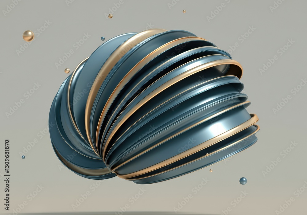 Poster abstract metallic shell design with layered curves and floating spheres