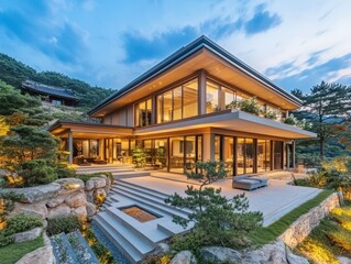 Obraz premium Luxurious modern home with large windows and manicured landscaping