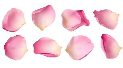 Set of pink rose flowers petals isolated on transparent background.