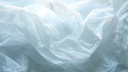 Obraz premium Close-up of a white plastic bag, partially draped in a textured, wrinkled light blue fabric. The contrast between smooth plastic and vibrant fabric adds visual intrigue