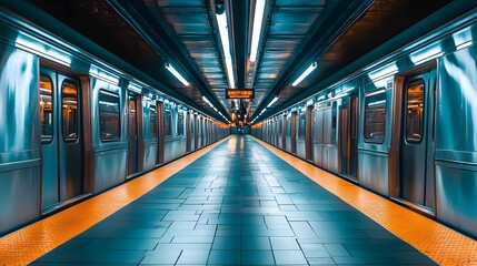 Modern subway station with empty platform, illuminated by blue and orange lights, showcasing urban design