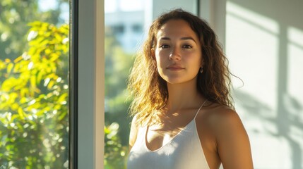 woman standing by window in sunlight