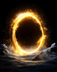 Fiery ring portal in snowy landscape.