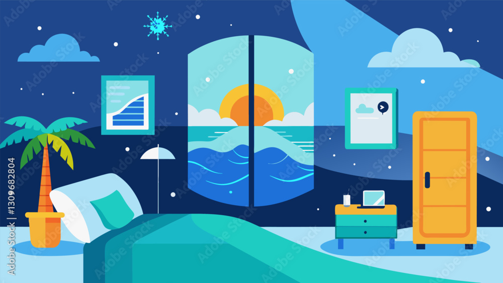 Poster through voice commands kids can transform their bedroom into a different environment from a tropical