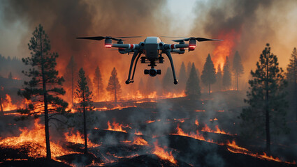 Drone surveying wildfire damage. Emergency response aerial footage shows burning forest.