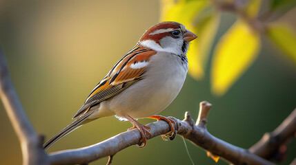 A simple normal indian sparrow sitting on a long branch of a tree.