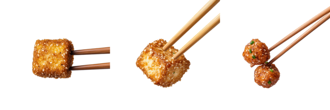 Meal Prep Made Simple with Plant-Based Protein concept. Crispy Fried Tofu and Meatballs on Chopsticks with a Glossy Finish and Flavorful Garnish