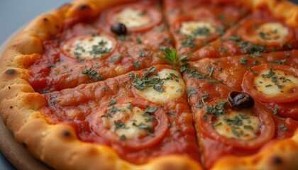  Closeup of a pizza with tomato slices mozzarella and basil on a dark plate