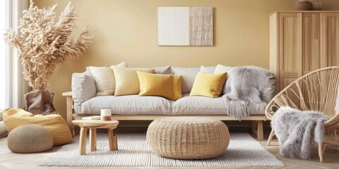 A beautifully decorated living room with neutral color scheme