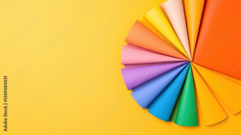 Poster colorful layered paper sheets displayed in a circular arrangement on yellow background