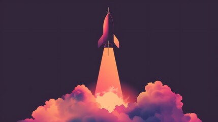 Rocket Launch into the Dawn: A Digital Illustration of a Spacecraft Ascending Through Vivid Clouds