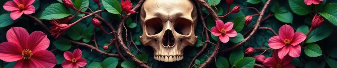 Obraz premium Petals intertwined with twisted vines forming a skull shape amidst foliage, foliage, flora, botanical