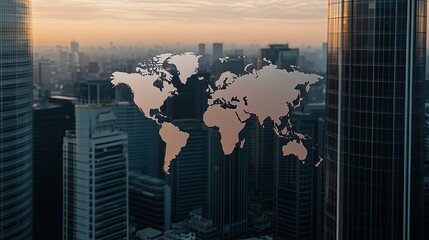 Digital world map hologram overlays contemporary office backdrop illustrating innovative global business concepts and connectivity