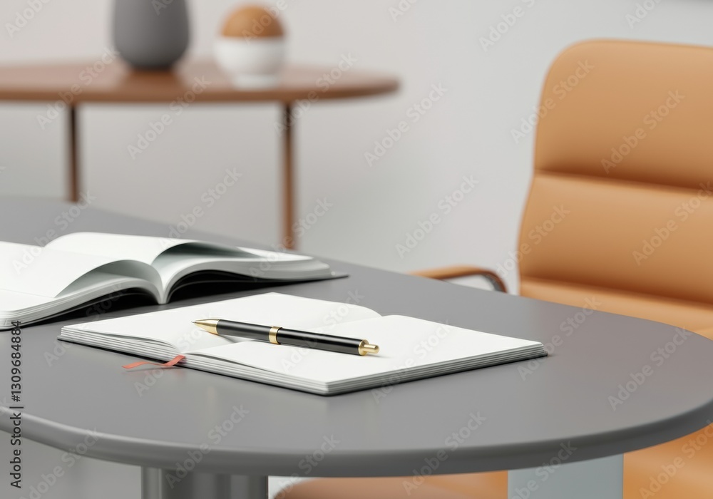 Poster elegant workspace featuring an open notebook and a pen on a modern desk