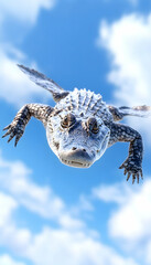 Obraz premium Flying alligator soaring through a vibrant blue sky.