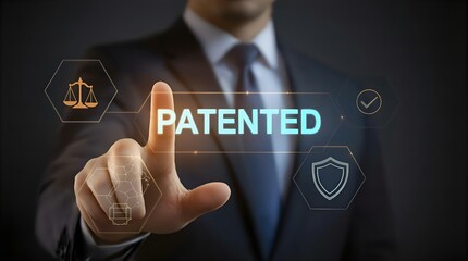 Patented Technology Concept: Businessman Touching Holographic Display with Patent Icons, Legal Protection, and Innovation Strategy