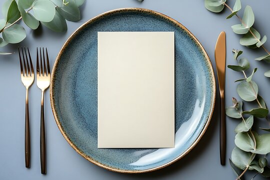 Table setting with menu, gold cutlery & eucalyptus