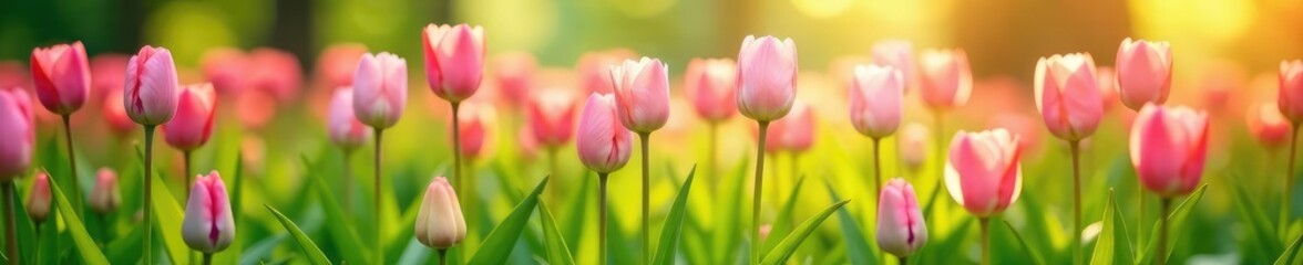 Fototapeta premium Pastel-colored tulips in a lush meadow with tall grasses, spring, blooms, tulips