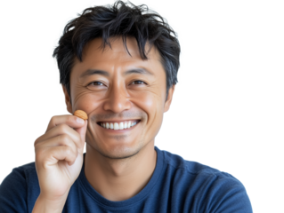 Smiling Asian man holds an almond between his fingers. Transparent background.