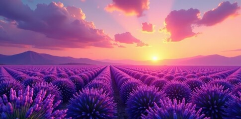 Fototapeta premium Lavender sunset over a serene landscape with silvery stripes, sunset, stripes