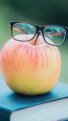 Apple with glasses on book, outdoor background; education concept