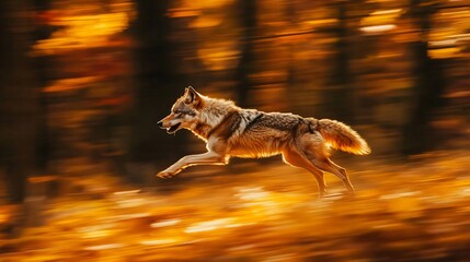 Wild Wolf Running in Forest During Fall