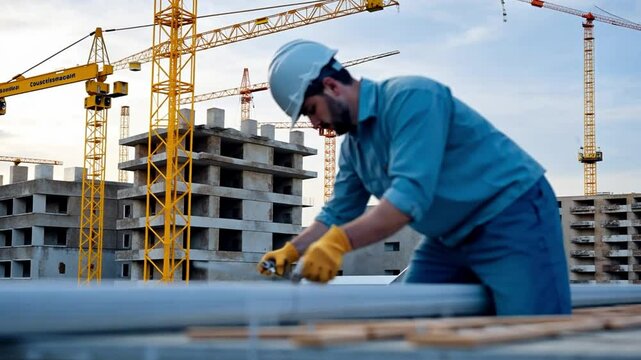 Construction Worker on Site: A dedicated construction worker meticulously measures a pipe, embodying the precision and hard work integral to building the future, under a sky speckled with cranes.