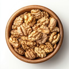 Walnuts in a wooden bowl. Walnuts in a bowl on white background. Crunchy healthy walnuts for snacks.  Restaurant Advertising Product