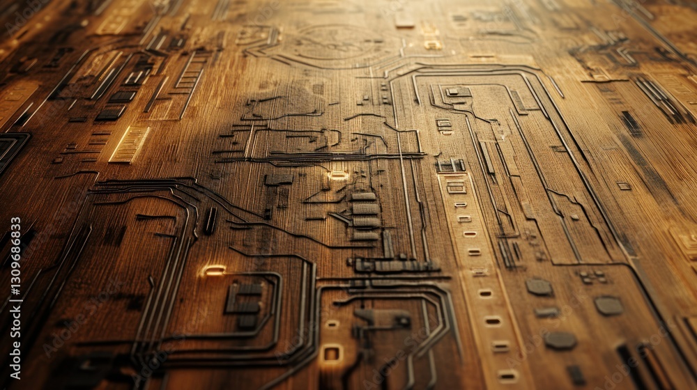Poster wooden panels with complex digital circuits combine nature and technology. background wallpaper ai g