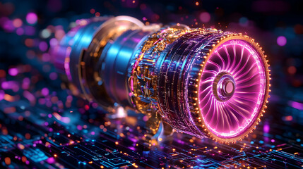 Futuristic jet engine with vibrant neon glow on circuit board.