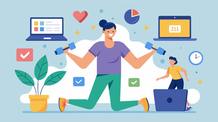 Fototapeta premium Virtual fitness coaching allows for flexibility in scheduling making it easier to fit workouts into your busy lifestyle.. Vector illustration