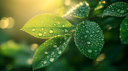 Close-up of green leaves with water droplets, glowing atmosphere, soft sunlight, copy space