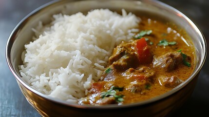 Delicious Indian Chicken Curry with Fluffy White Rice Aromatic Spices Tasty Meal Food Photography Restaurant Dish Home Cooking Recipe Traditional     