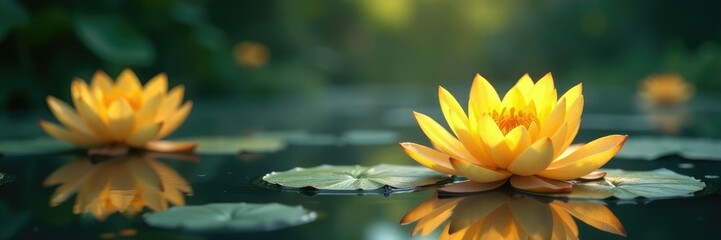 Glowing yellow lotus flowers surround a tranquil and reflective pool, peaceful, pool