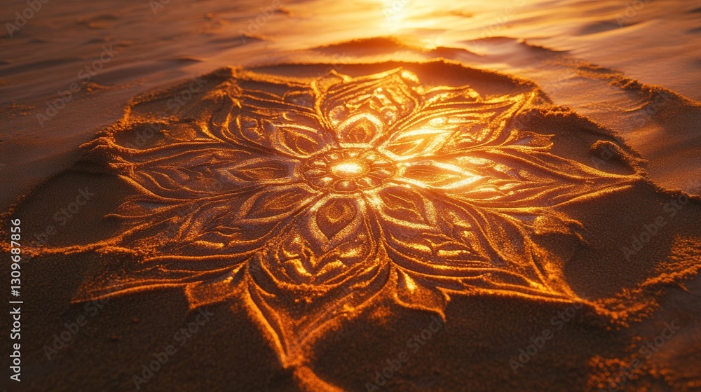 Poster intricate sand art design illuminated by warm golden light creates a captivating natural display at 