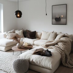 A modern and cozy living room with neutral color accents
