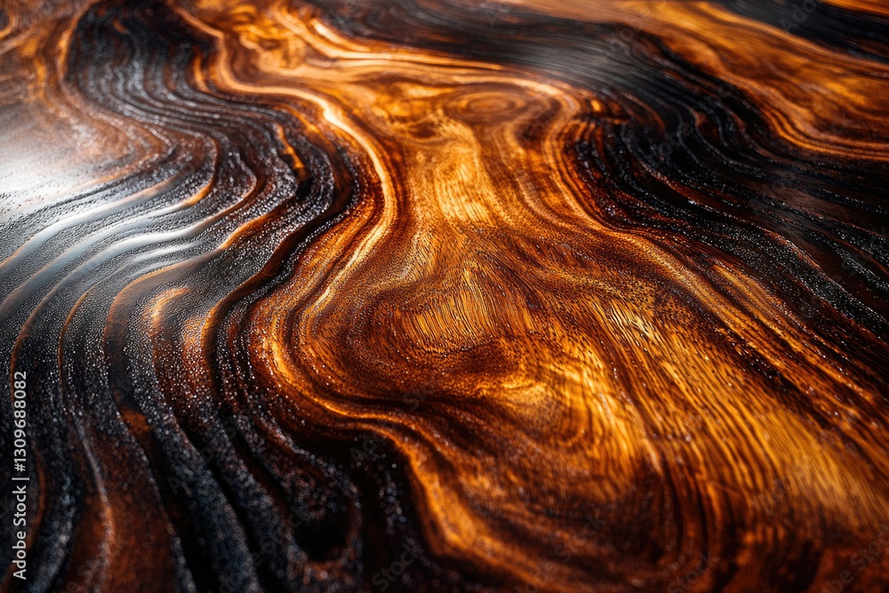 Poster stunning close-up of richly hued, polished wood grain with swirling patterns and deep color variatio