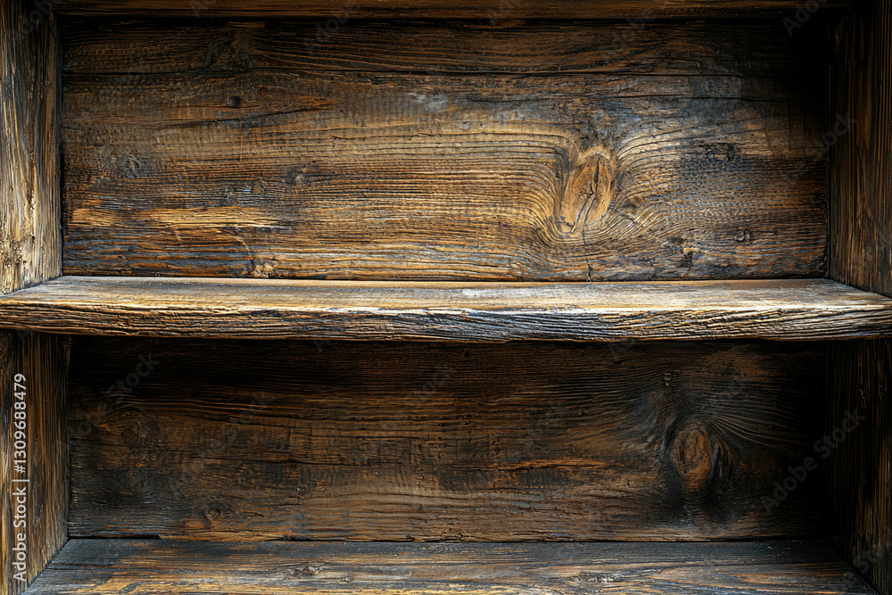 Poster Rustic wooden shelf with two empty compartments, showing rich grain and texture.