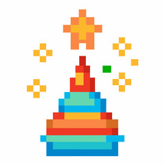 Fototapeta premium Colorful Pixel Art Pyramid With Star and Shining Elements on White Background