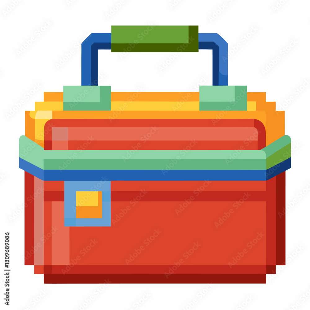 Poster colorful square toolbox illustration with handle and latch 8 bit pixel art style