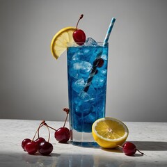 A Blue Lagoon mocktail in a Collins glass, with a mix of blue cura&ccedil;ao syrup, lemon juice, and soda, topped with a skewer of cherries and a twisted lemon peel, photographed against a white background.