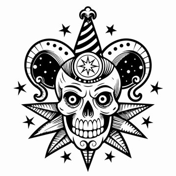 recommend clip art: Black and White Jester Skull with Star and Spiral Hat Design